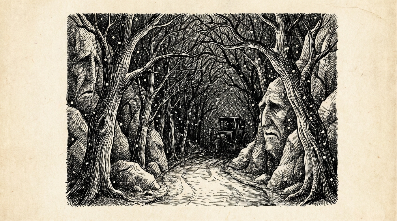 A narrow road through a tunnel of overhanging trees in snow