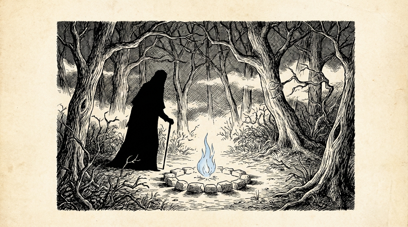 A faint flickering blue flame in a dark forest clearing