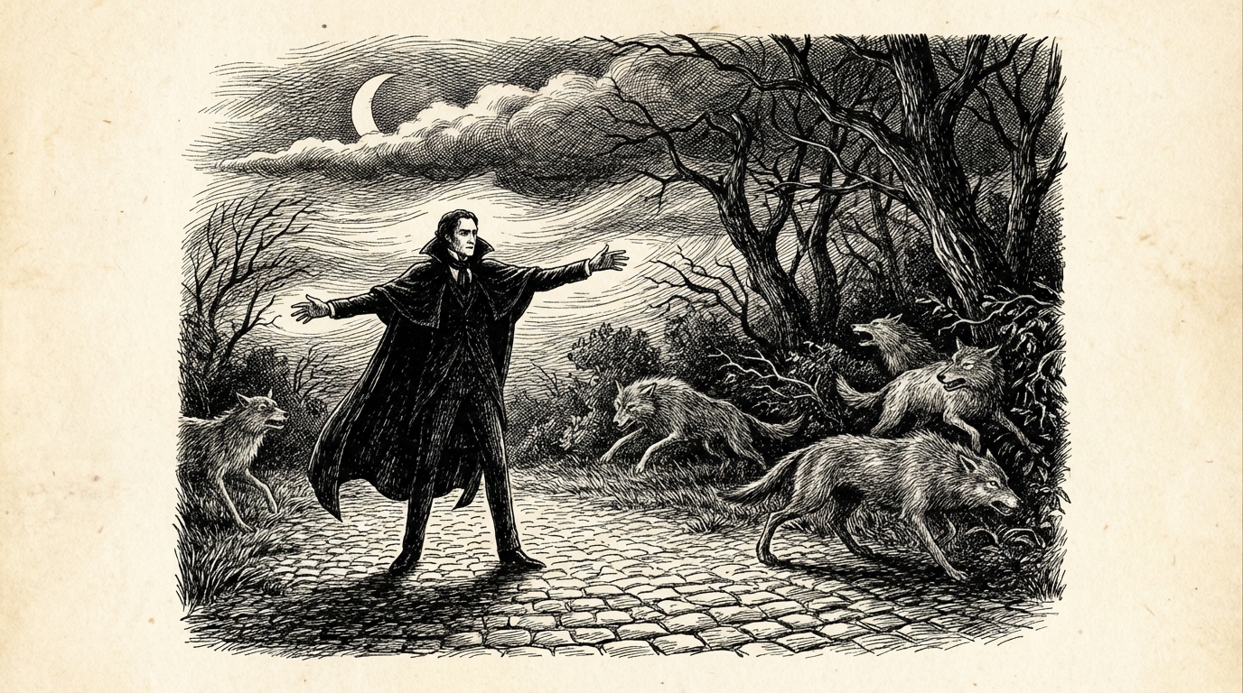 A dark figure commanding wolves to retreat with outstretched arms