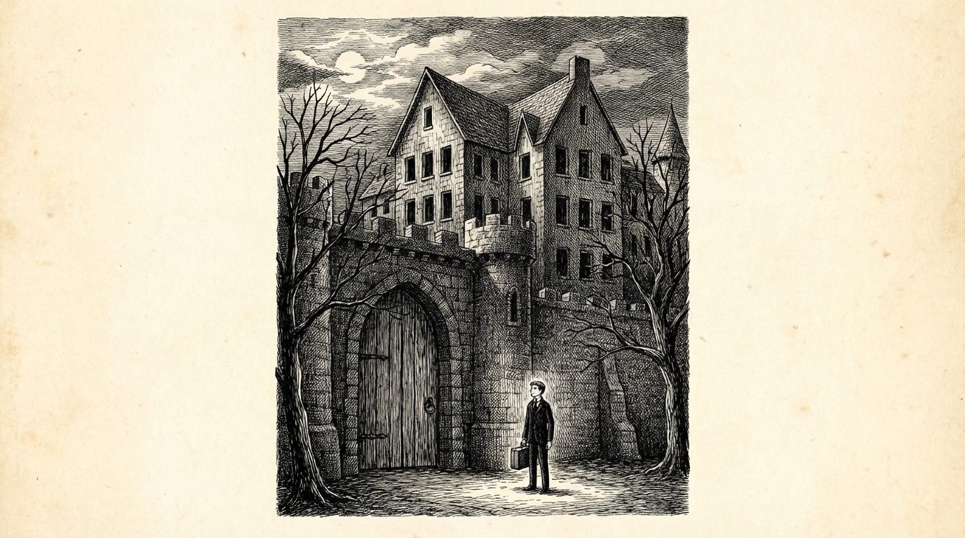 A young man standing alone before a vast stone doorway, small against the towering walls