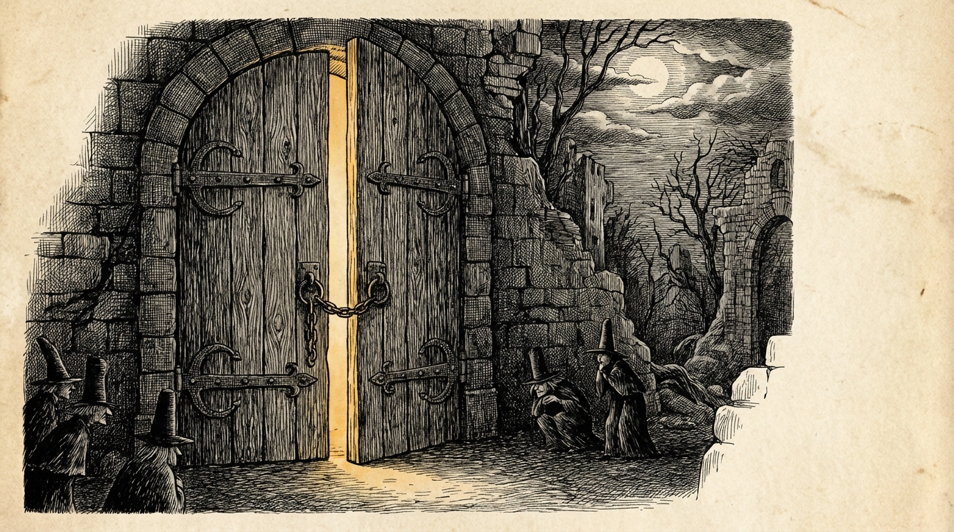 Light gleaming through the cracks of a great door as chains rattle and bolts draw back