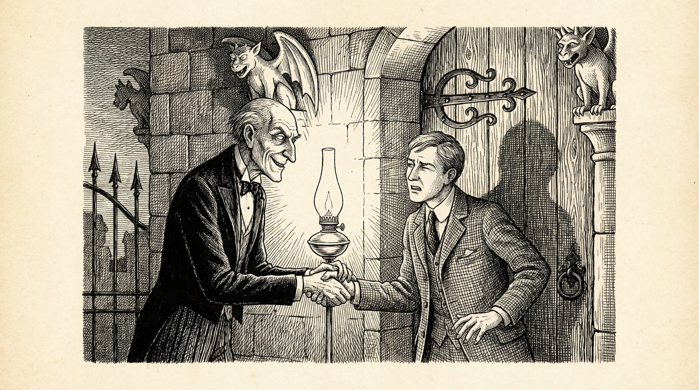 The Count grasping Jonathan's hand with an iron grip, the silver lamp flickering between them