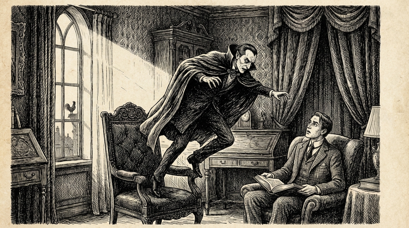 Count Dracula leaping to his feet as a cock crows at dawn, alarm crossing his ancient face