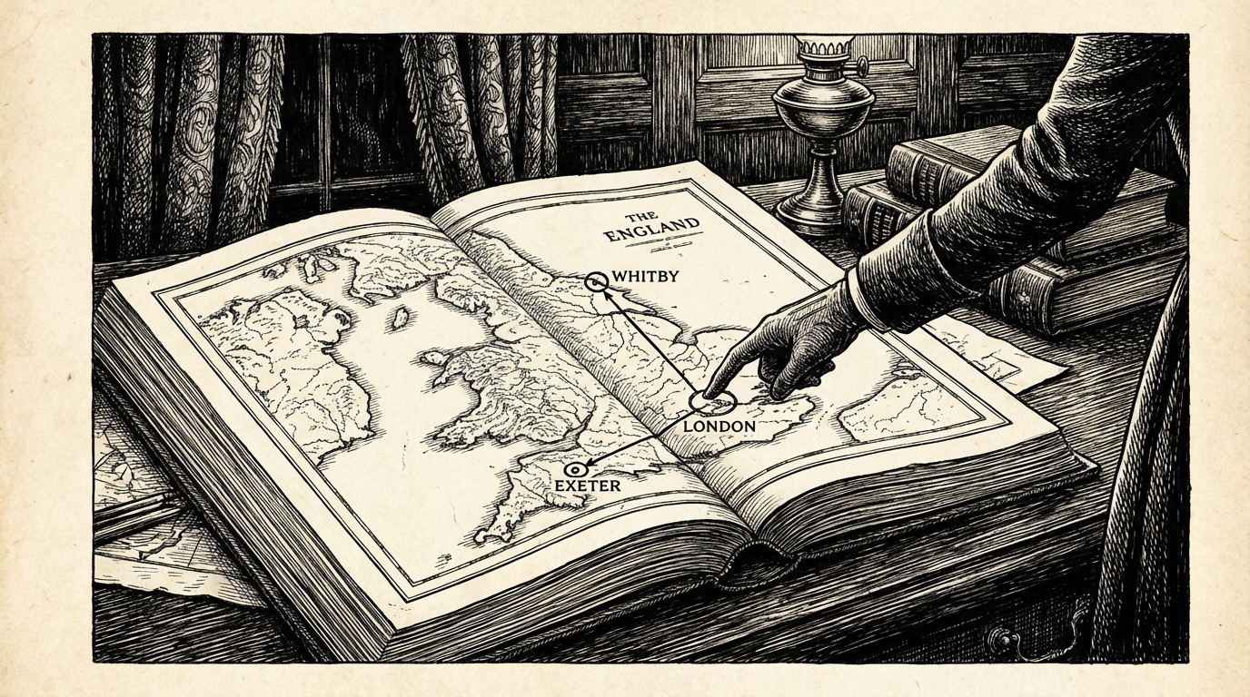 An atlas open to a map of England with small rings marked at London, Exeter, and Whitby on the Yorkshire coast