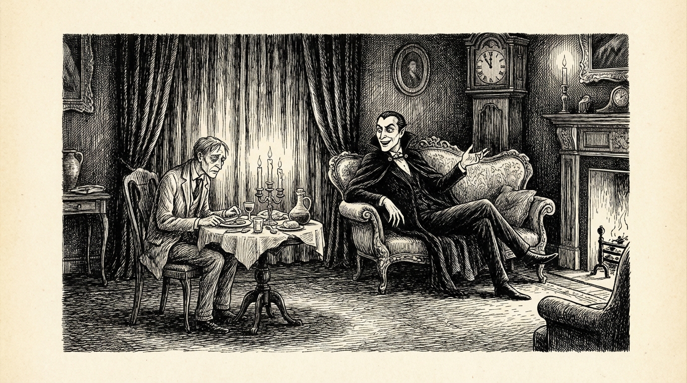 Jonathan eating supper while the Count watches from the sofa, chatting hour after hour into the night