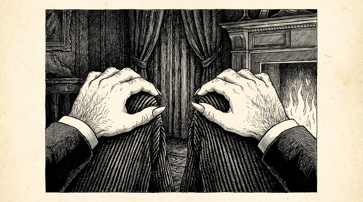 The Count's hands in firelight — broad with squat fingers, hair in the centre of the palms, nails long and cut to sharp points