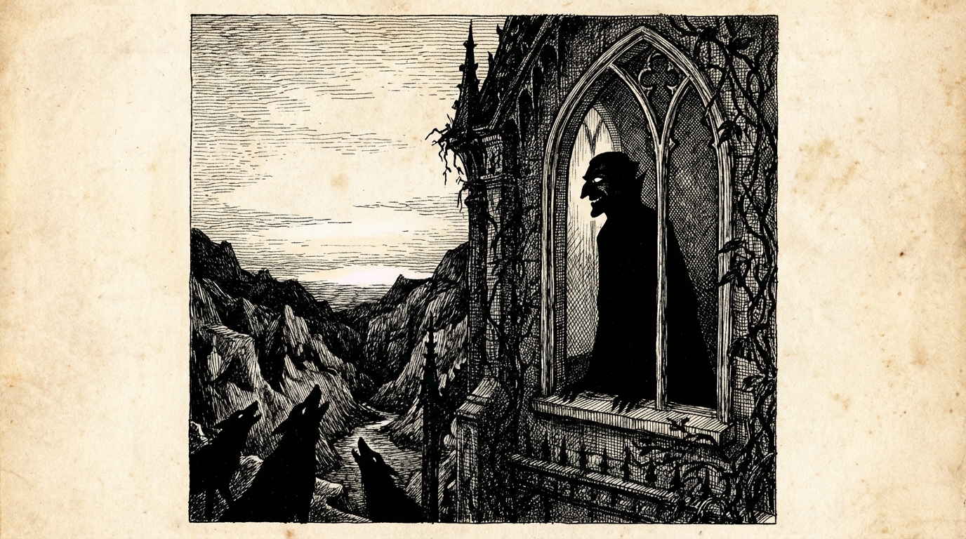 The Count at a window, eyes gleaming, wolves howling in the valley below under a streak of dawn