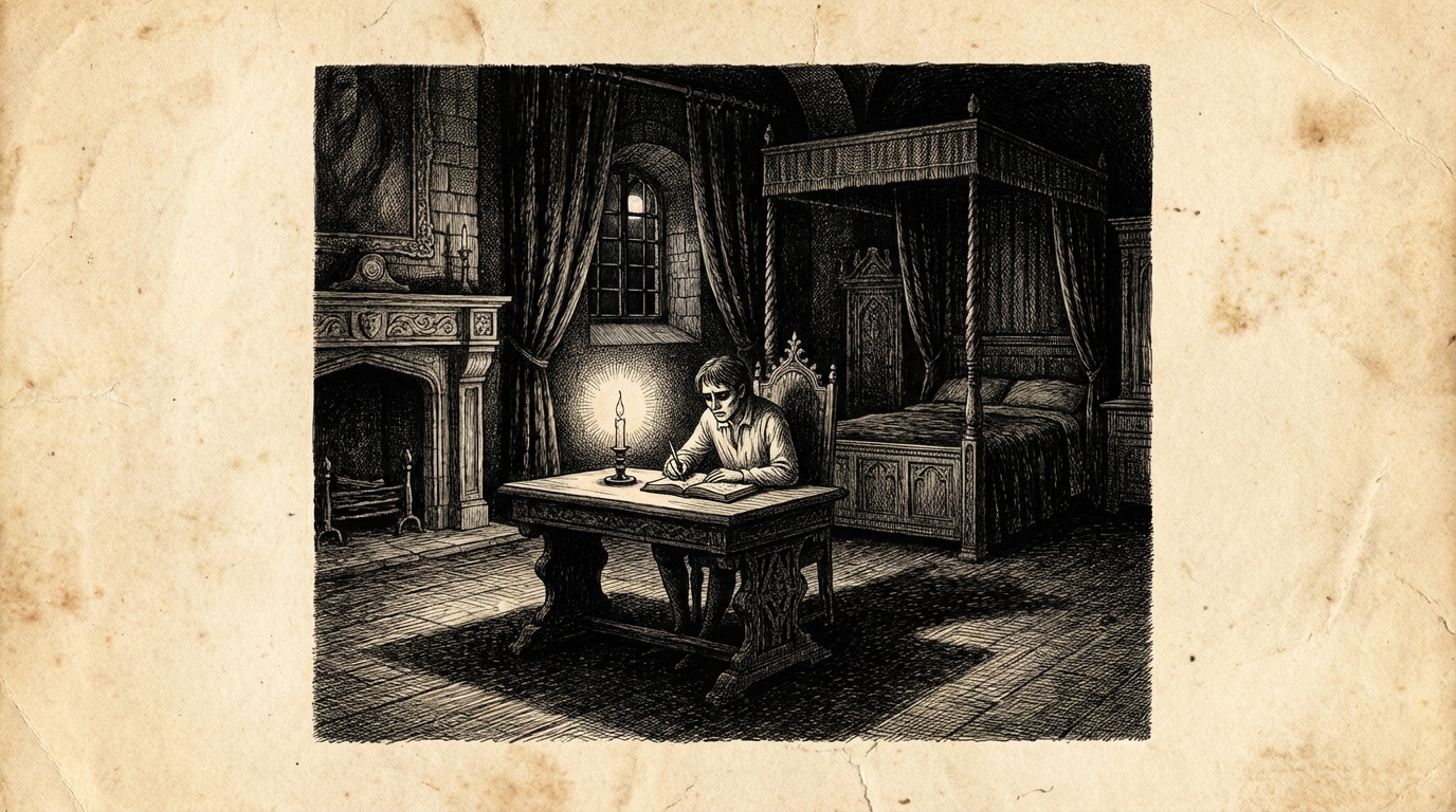 Jonathan alone in his room writing by candlelight, the castle dark and silent around him