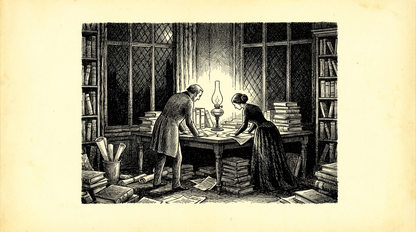 Two figures in a lamplit library deep in conversation as darkness gathers outside the windows