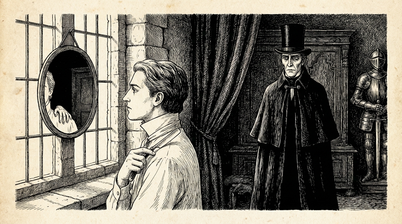 Jonathan shaving by a window with a small hand mirror — the Count's hand suddenly on his shoulder, but no reflection in the glass