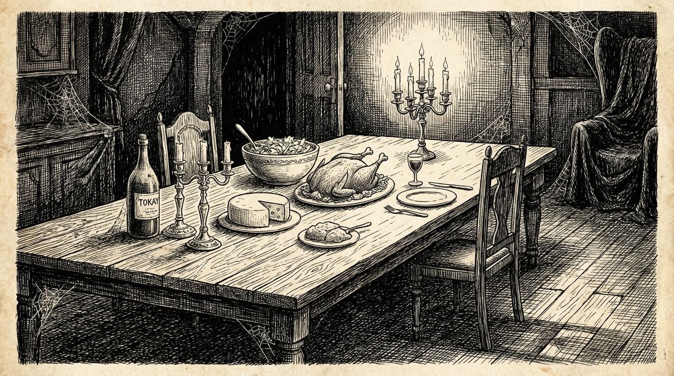 A table set with roast chicken, cheese, salad, and a bottle of old Tokay wine, the Count watching from across the room