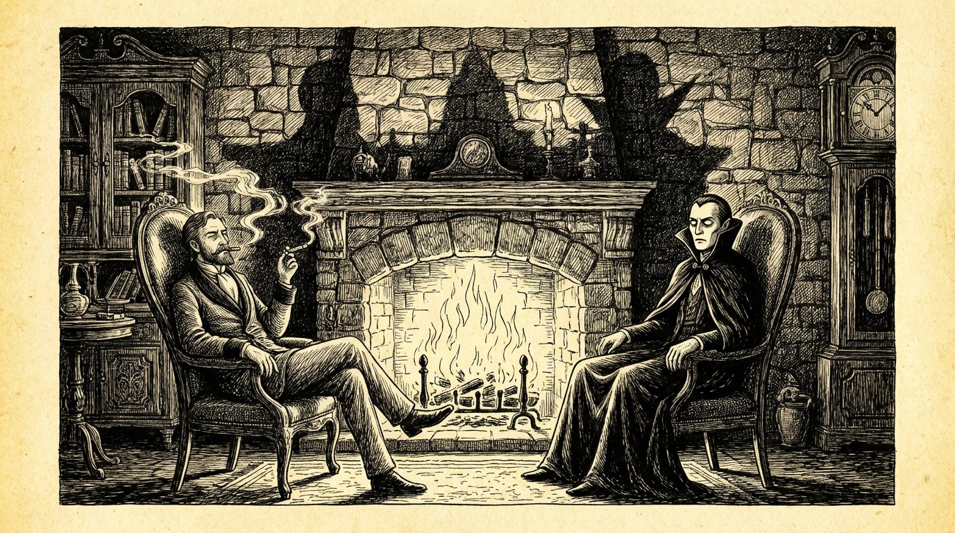 Two men by a fire — Jonathan smoking a cigar, the Count seated opposite, studying him intently