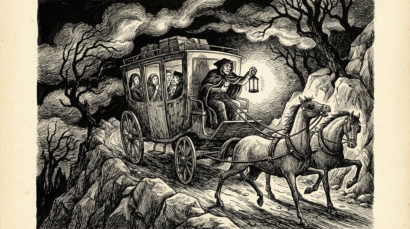 A coach stopped at a dark mountain pass, no other vehicle in sight