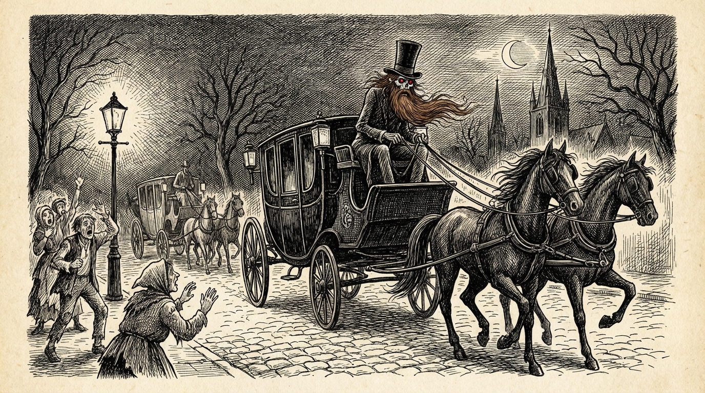 A black calèche with coal-black horses overtaking a coach at night