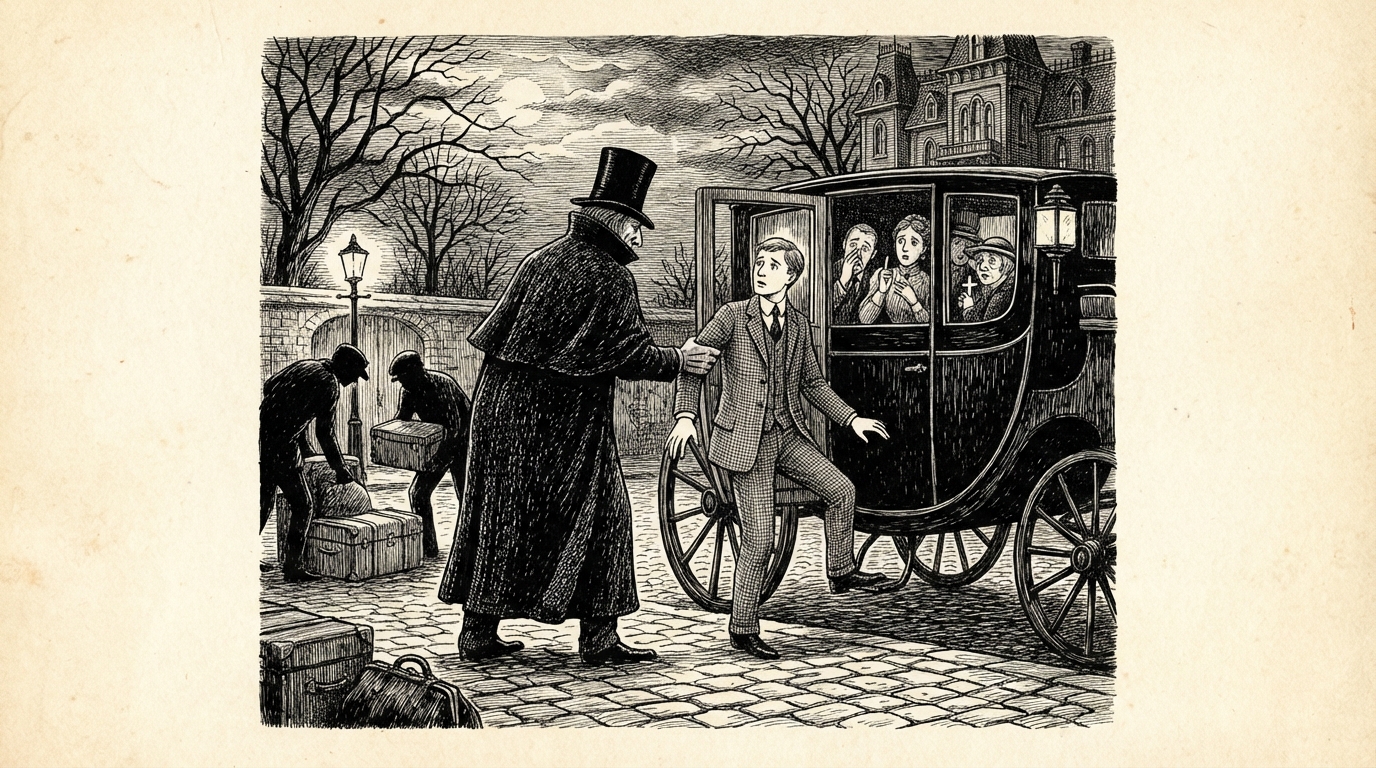 A dark figure helping a man from a coach with an impossibly strong grip