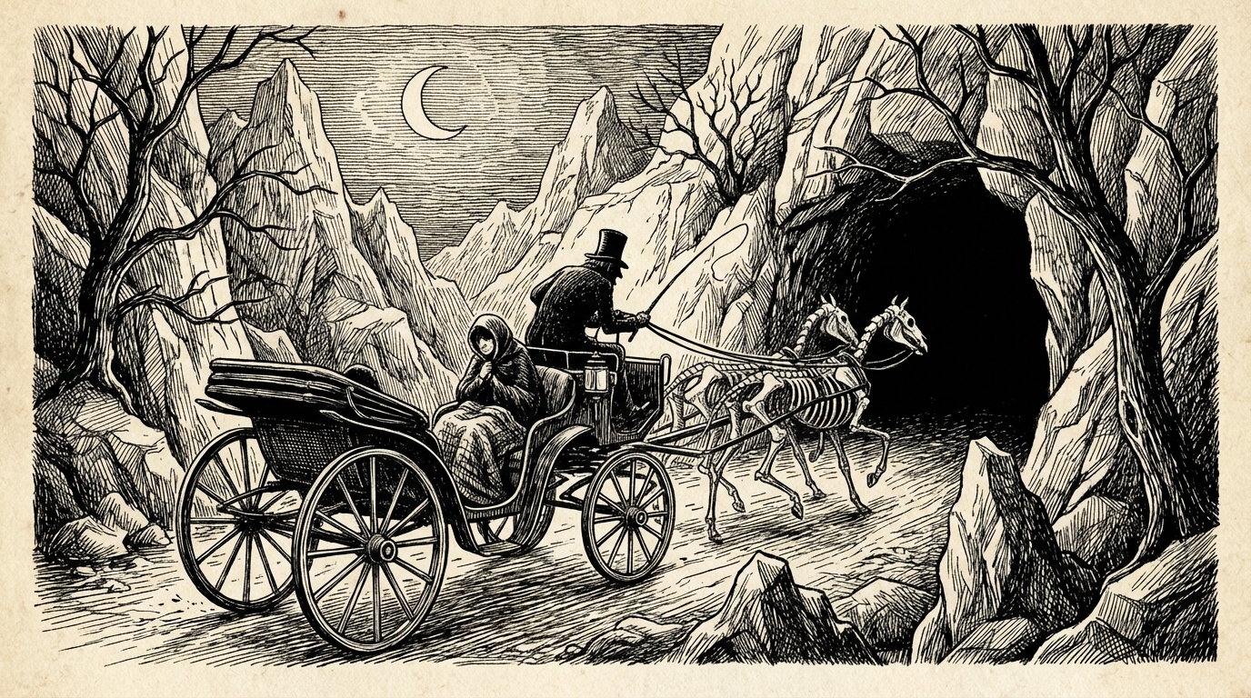 A calèche racing through darkness, a cloak over the passenger