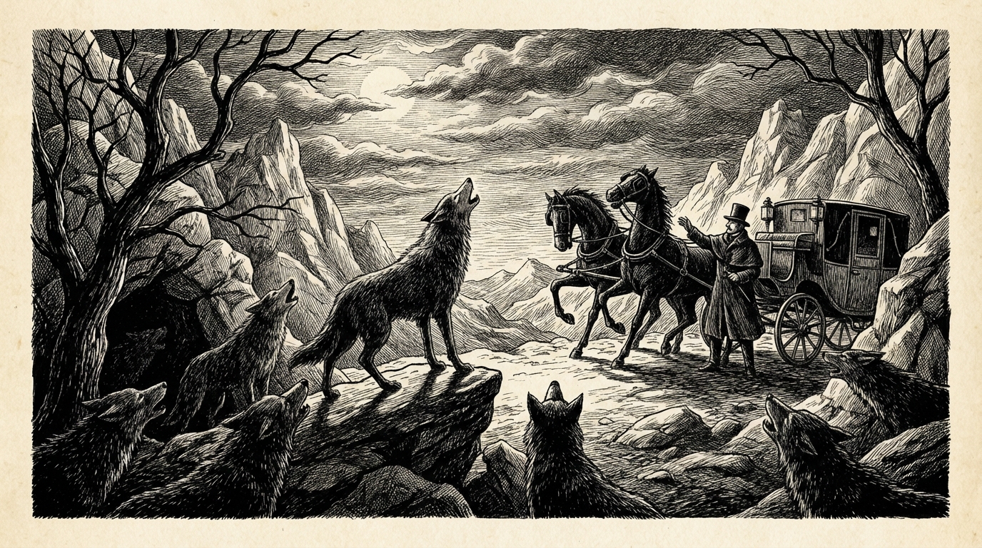 Wolves howling in a dark mountain pass, a driver calming rearing horses