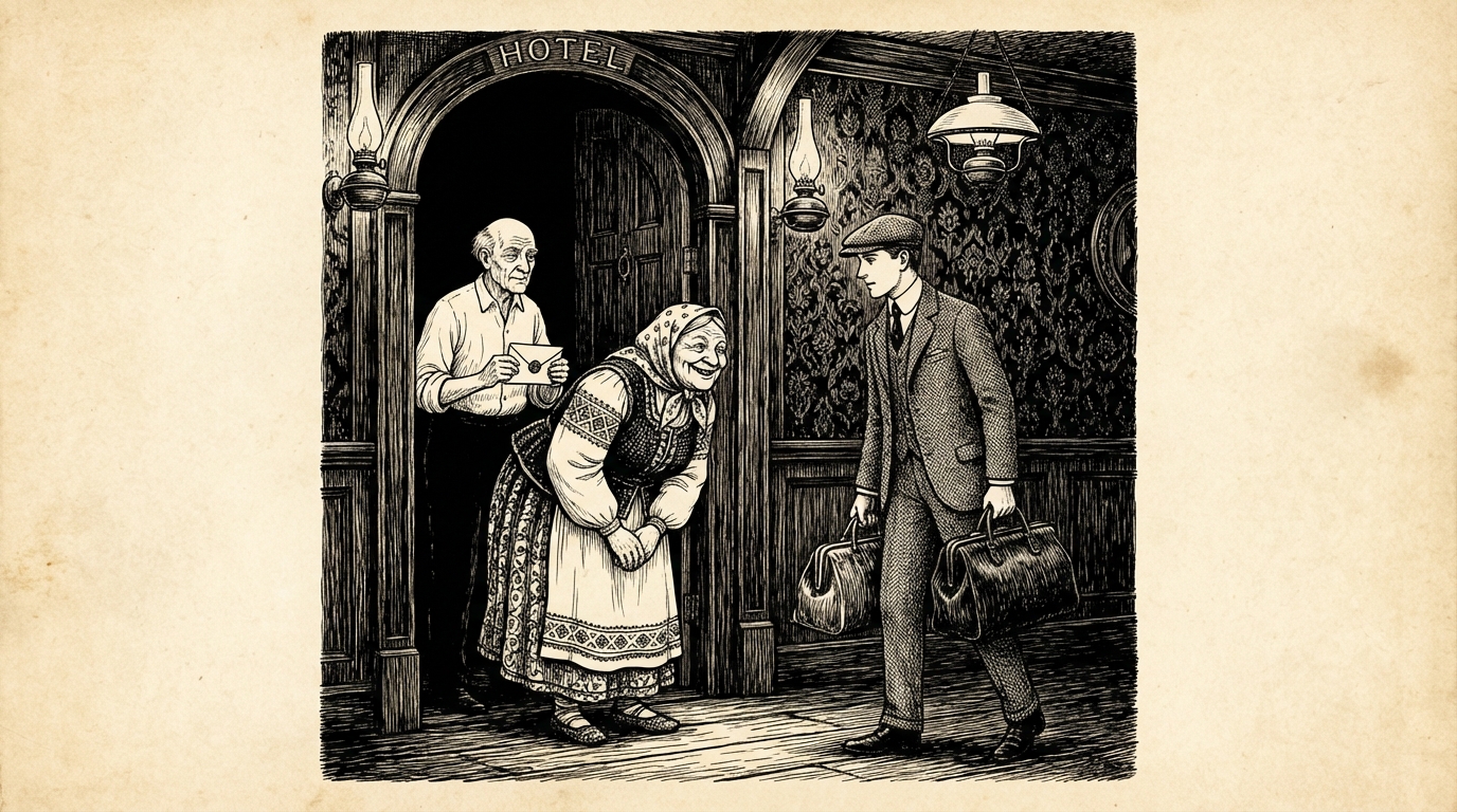 A cheery elderly woman bowing at a hotel doorway, a man with a letter behind her