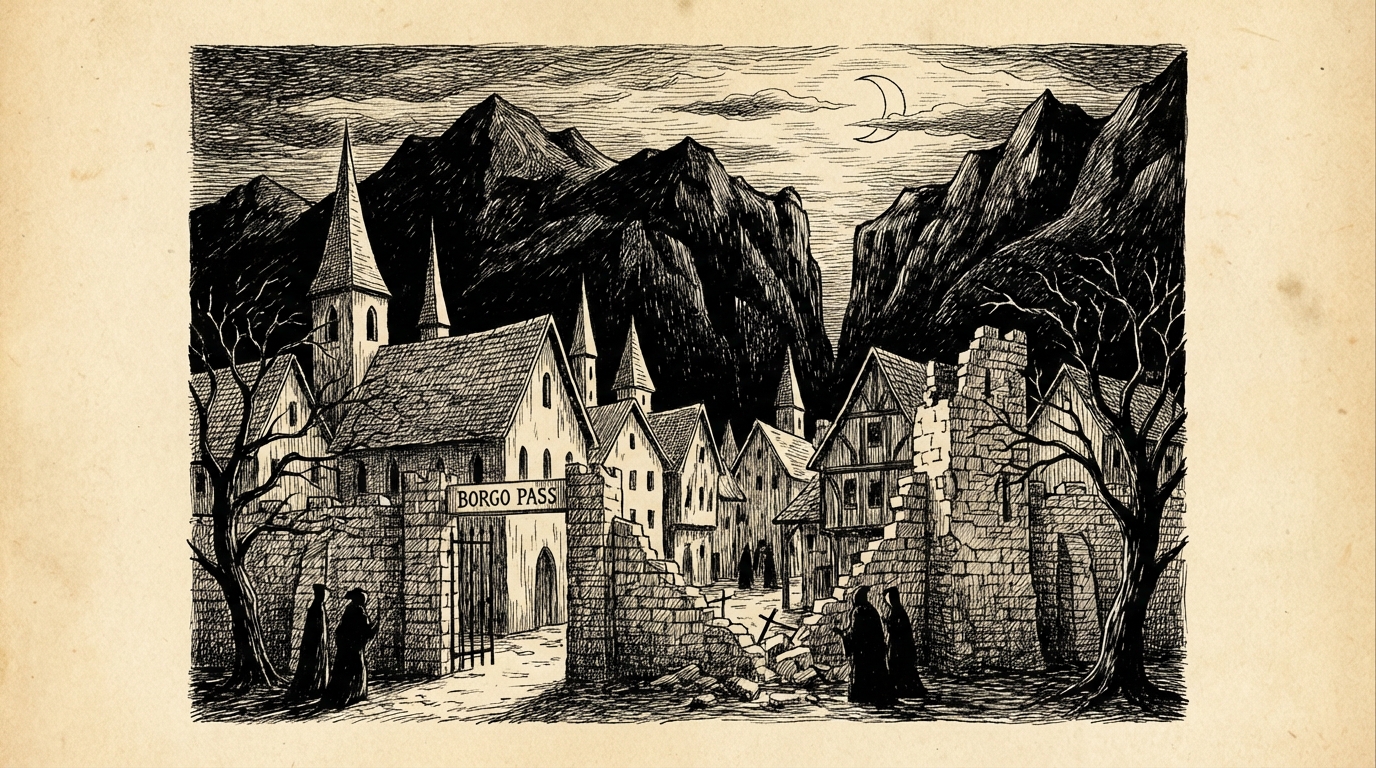 The old frontier town of Bistritz at twilight