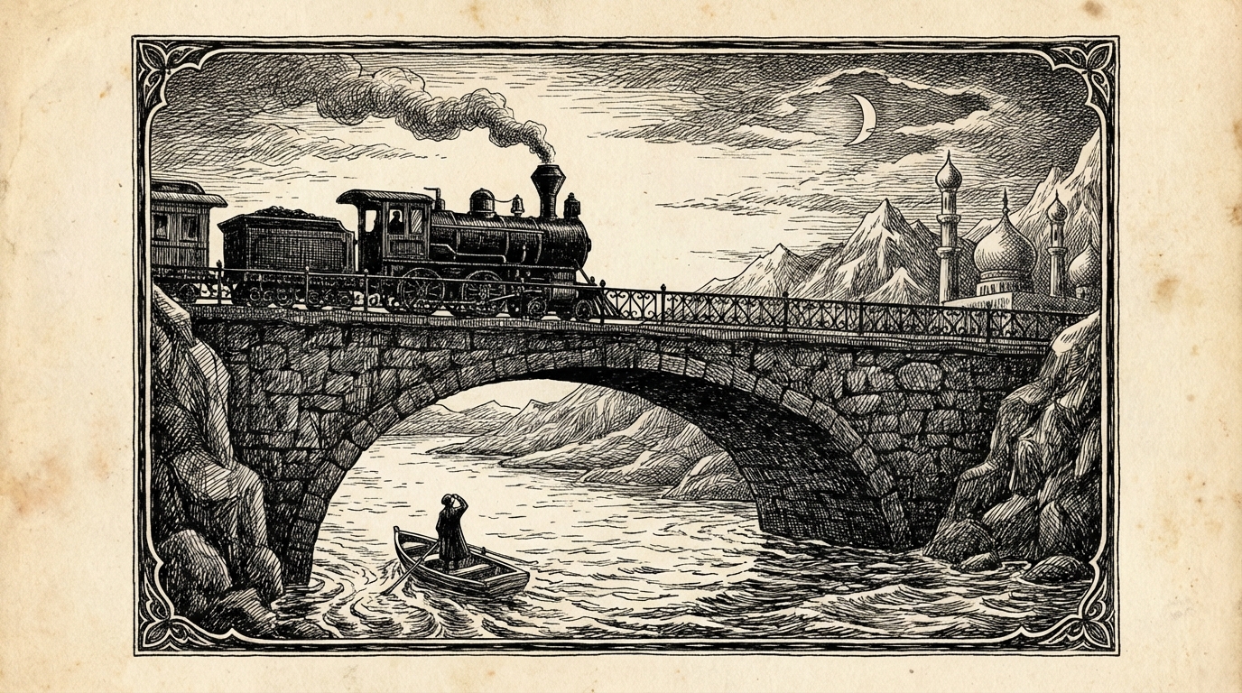 A steam train crossing a grand bridge over the Danube at dusk