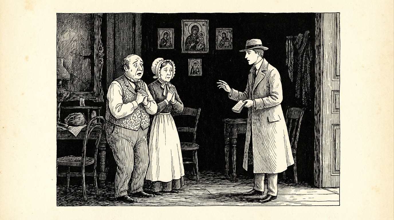 A frightened landlord and his wife crossing themselves