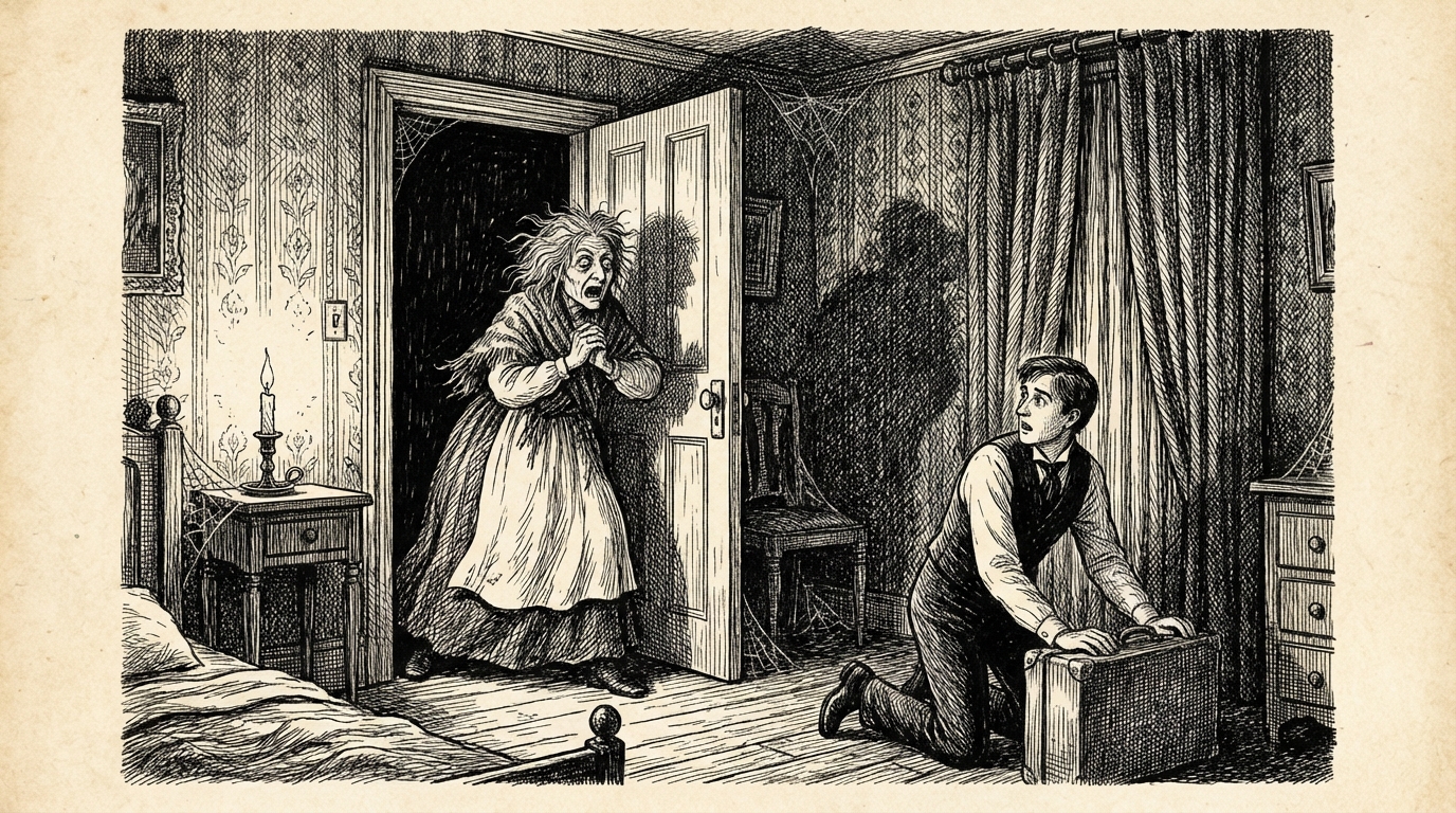 An old woman bursting hysterically into a hotel room