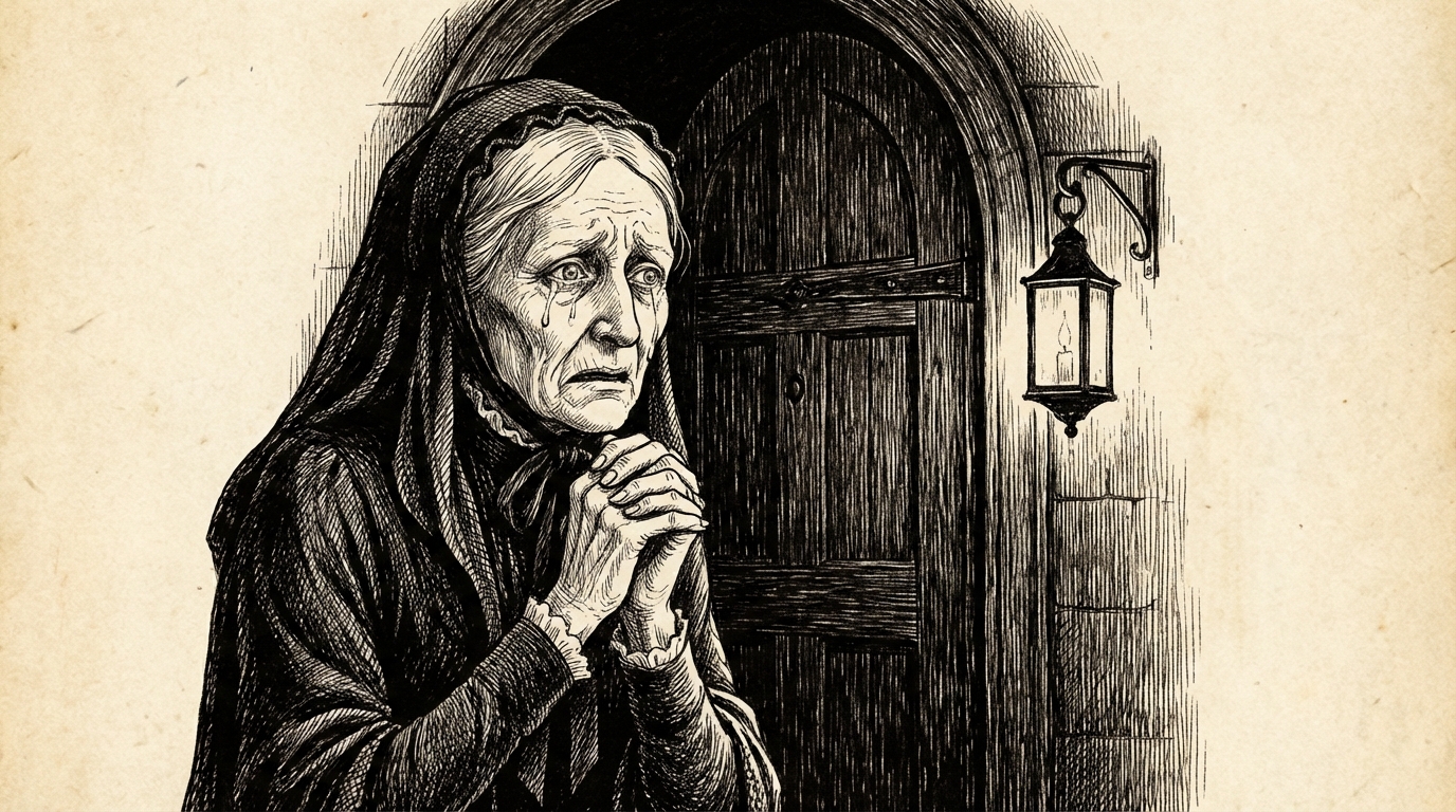 A distressed elderly woman pleading with clasped hands