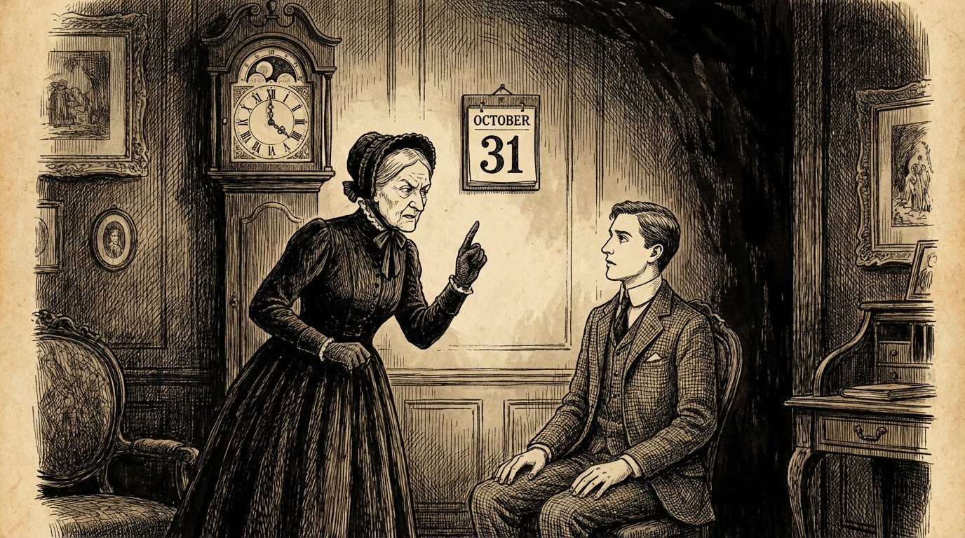 An old woman shaking her head gravely, finger raised in warning