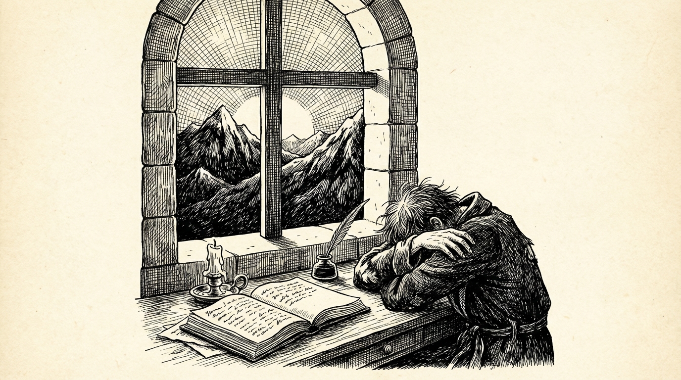 A vast mountain landscape at dawn seen from a castle window