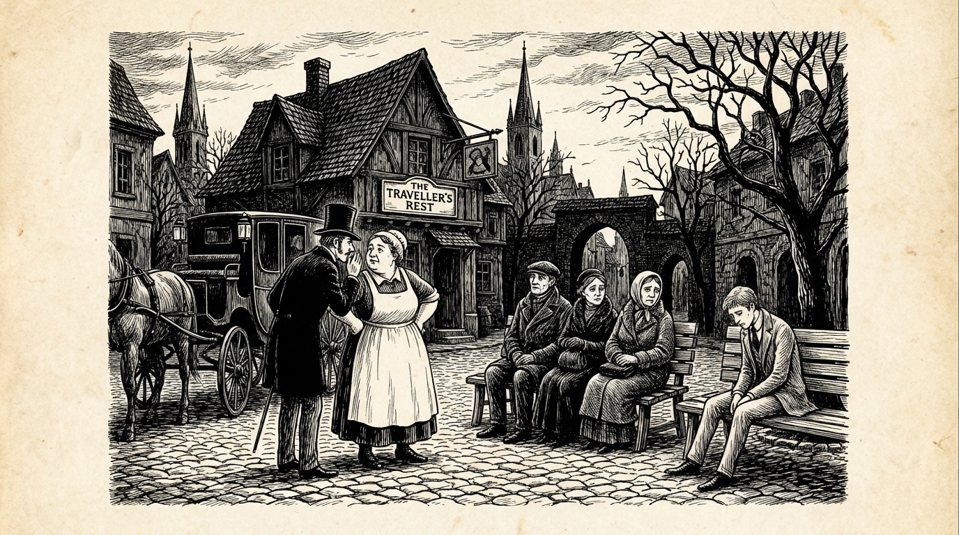 A coach driver talking secretly with a landlady while passengers watch