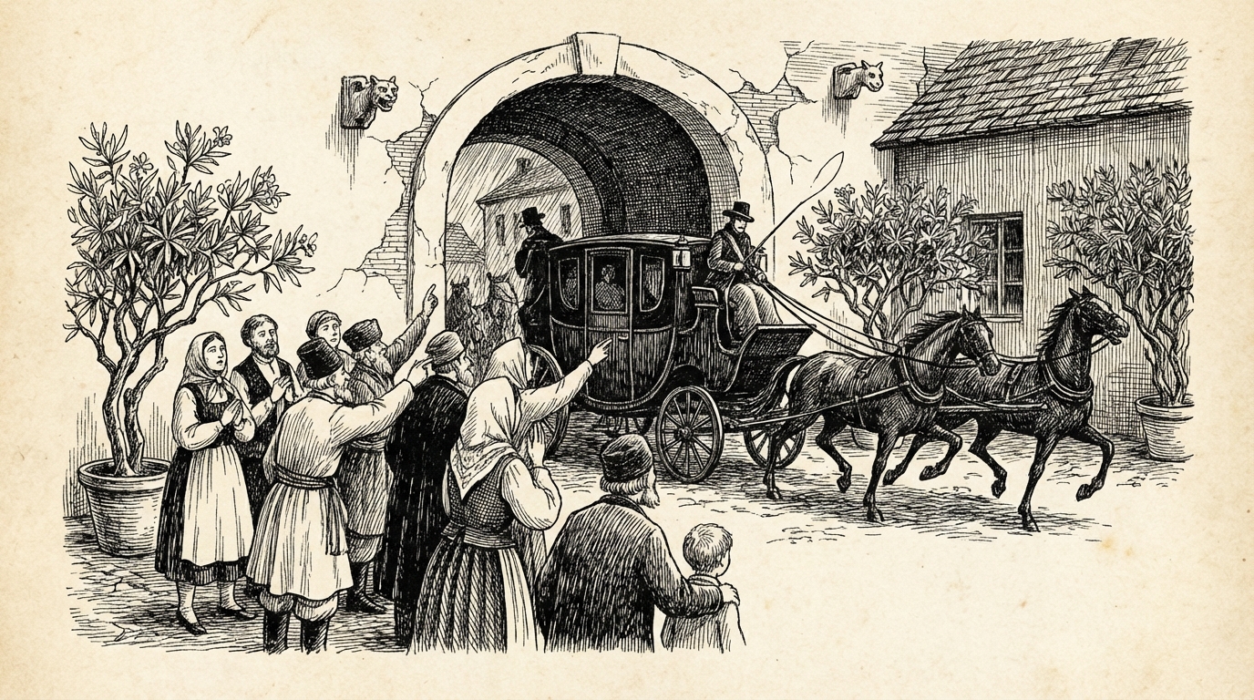 Villagers crossing themselves as a coach departs