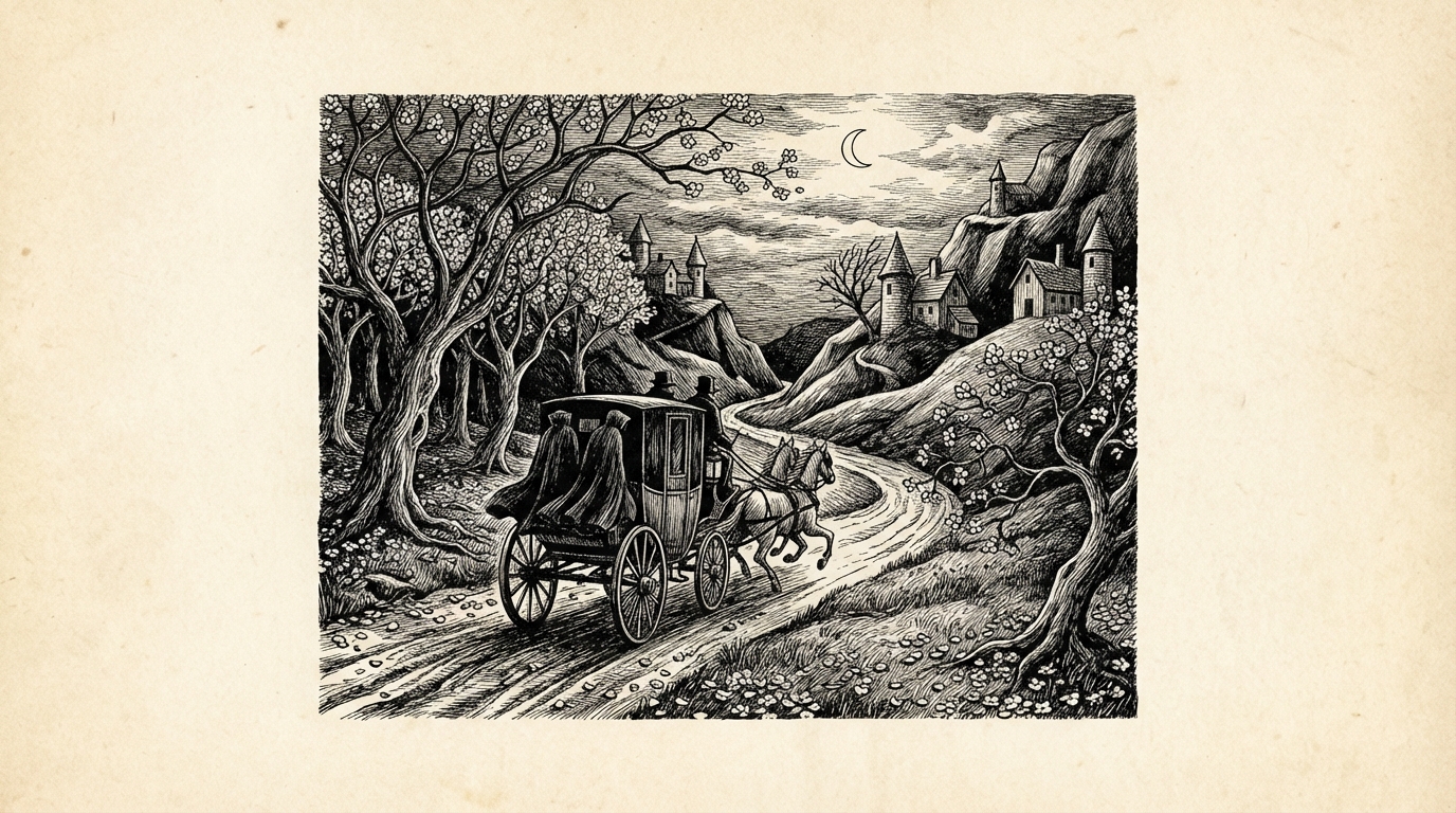 A coach racing through a lush landscape with fruit blossoms