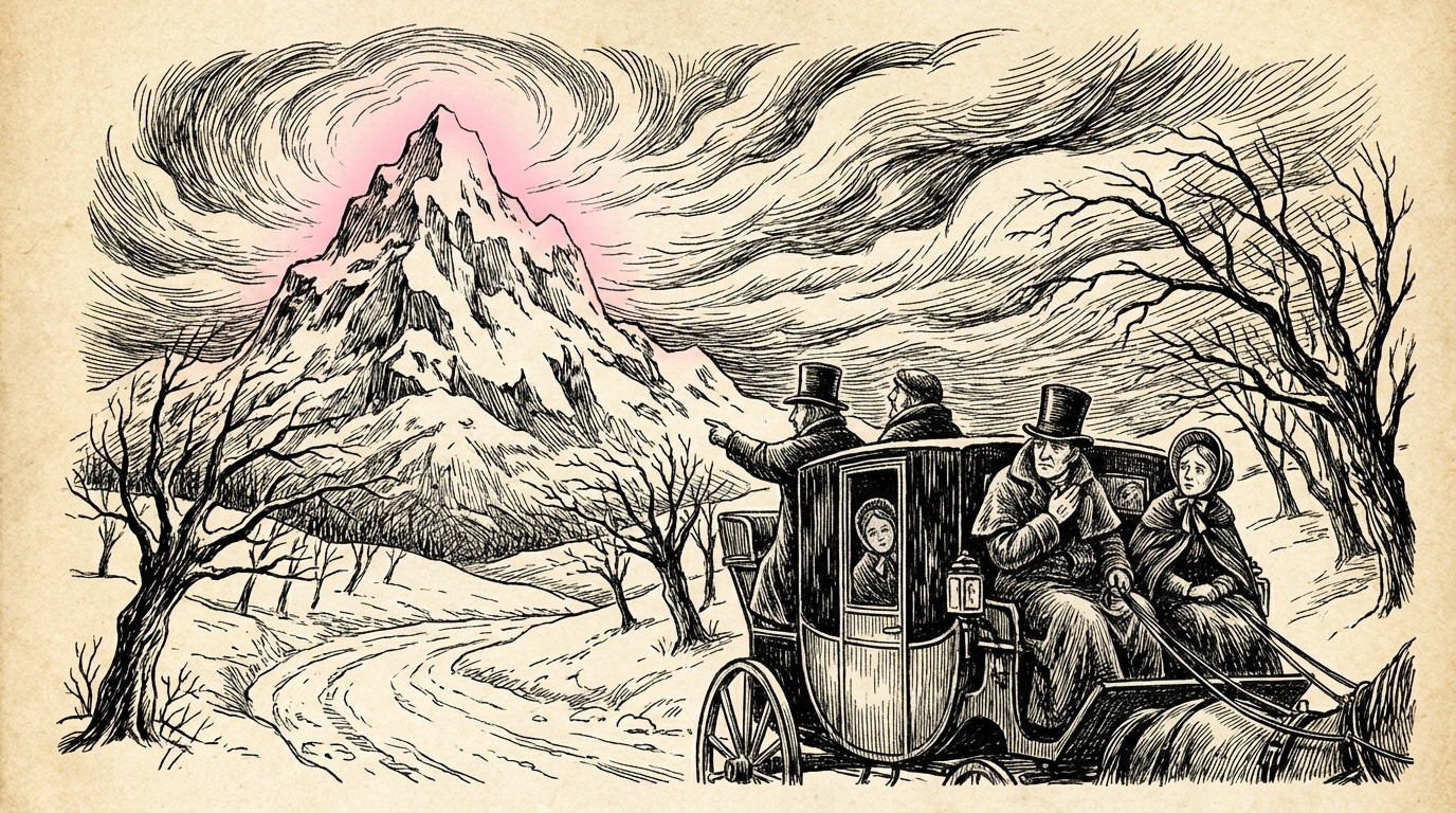 A snow-covered mountain peak glowing pink in the sunset