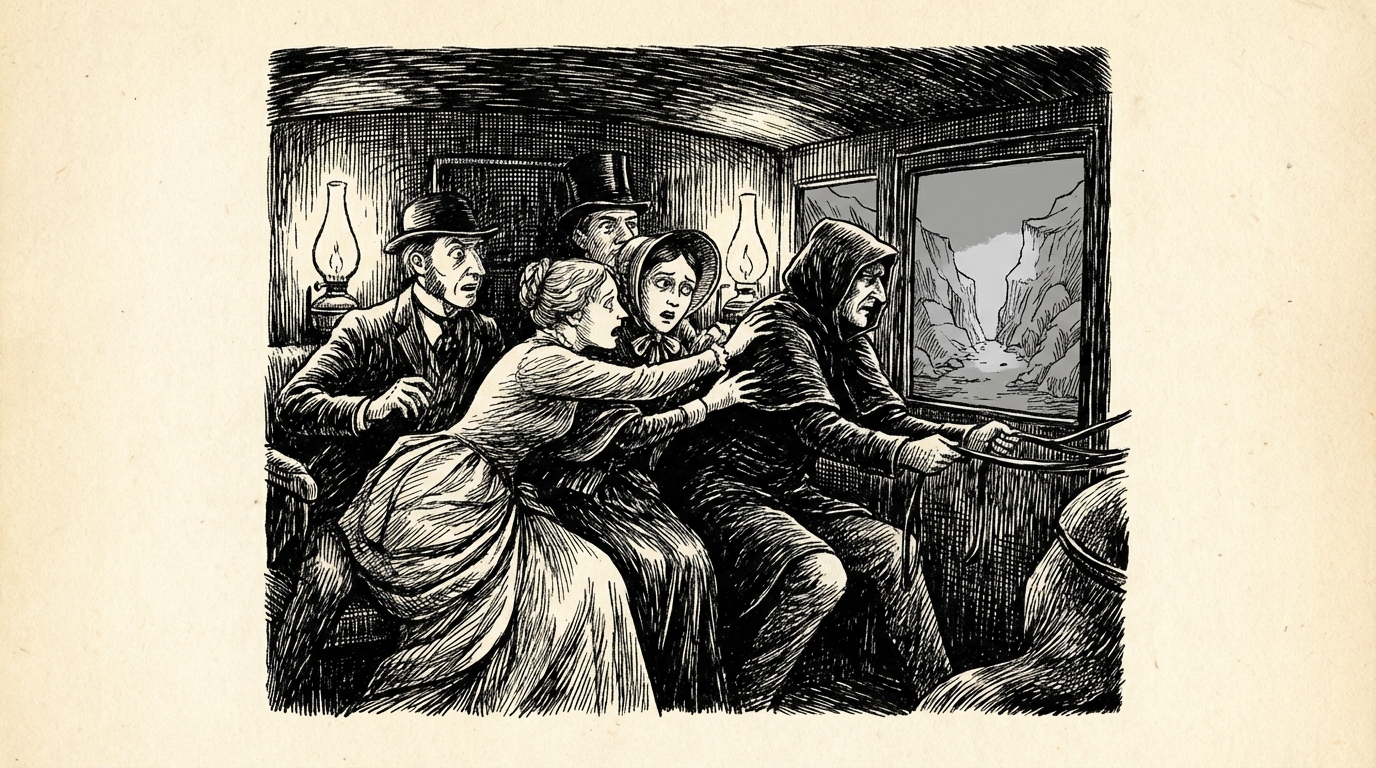 Passengers leaning forward urgently inside a rocking coach at night